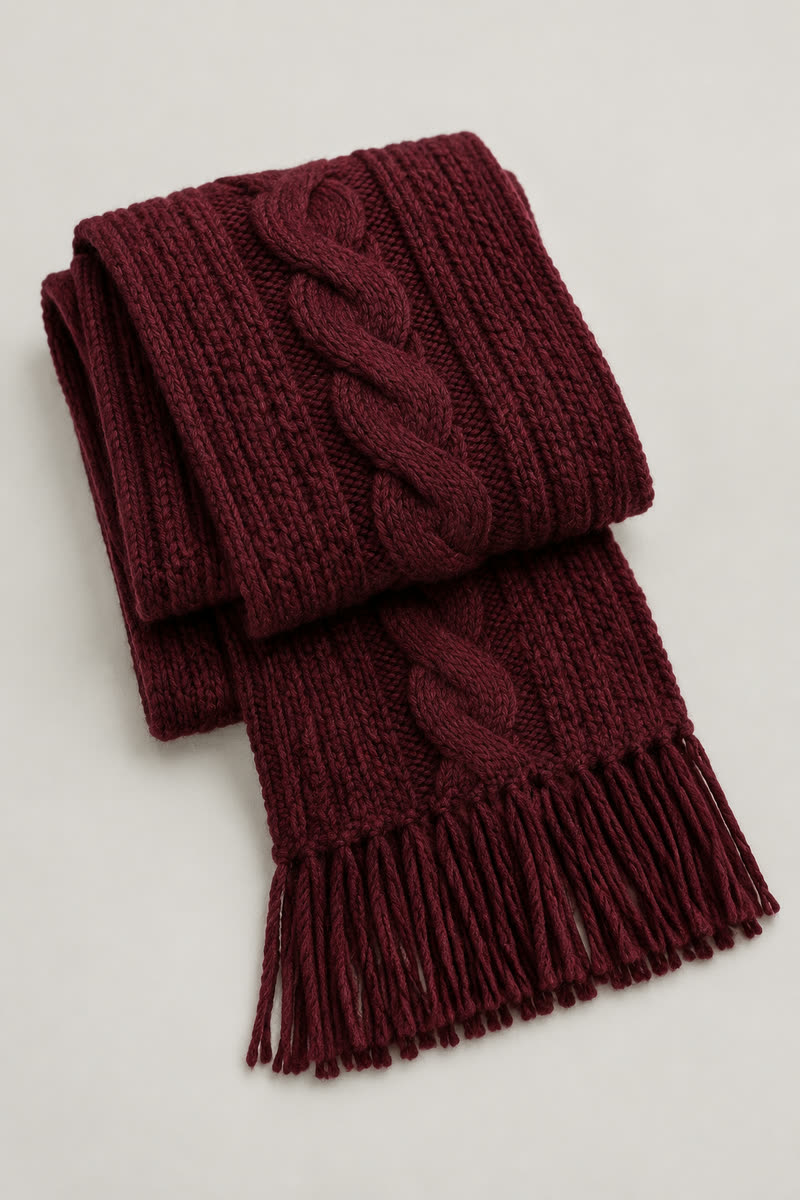 Cable Knit Fringed Wool Scarf